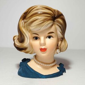 Lady Head Vase Blue Bow Pearls 5.5" Vintage